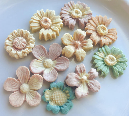 May include: Ten pastel-colored flower-shaped pet treat cookies on a white plate. The cookies are in various shades of pink, yellow, green, and blue.